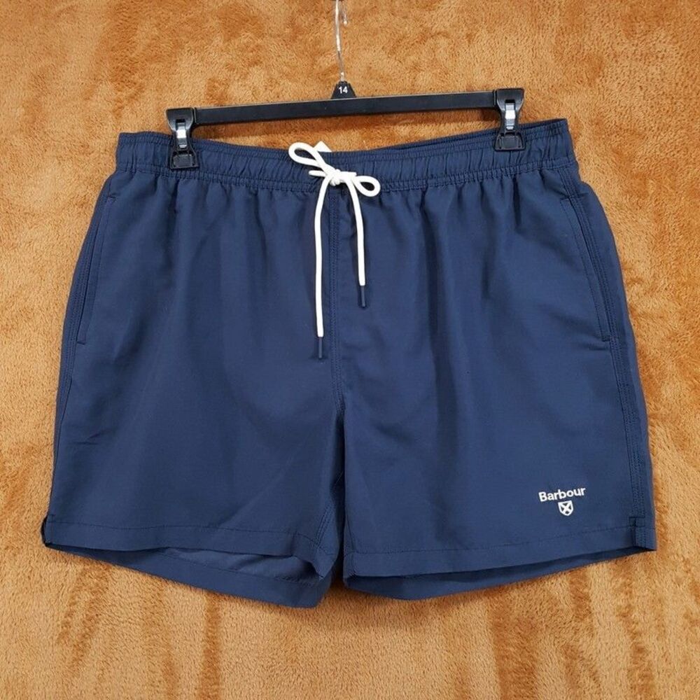BARBOUR Swim Trunks Mens XL Navy Blue Drawstring Lined Staple Logo Shorts 5"